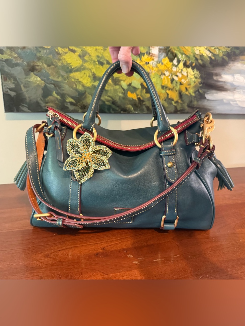 Dooney & Bourke Denim / Teal Florentine Leather Satchel Shoulder Crossbody Bag